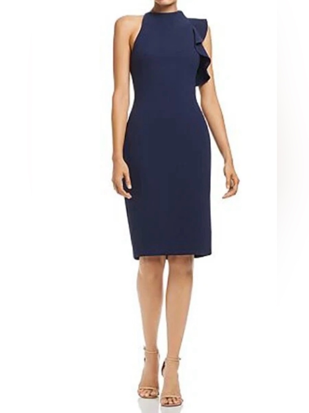 Black Halo Blue Pabla Mock Neck Sheath Dress 6 Midi Formal